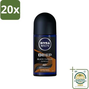 20 x Nivea - Men - Deodorant - Roller - Deep Black Carbon Espresso - 50 ml - Grootverpakking - Nivea Men Deodorant Roller - Anti-transpirant - 48 Uur Bescherming - Espresso Geur - Actieve Kool