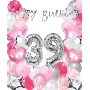 Snoes Ballonnen 39 Jaar Pink Blush Silver Mega Ballon - Compleet Feestpakket 39 Jaar - Verjaardag Versiering Slinger Happy Birthday – Folieballon – Latex Ballonnen - Helium Ballonnen - Zilver en Roze Verjaardag Decoratie