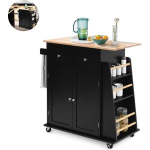 Keukeneiland - Verplaatsbaar - Keukenkast - Dressoir - Organizer - Kasten - Houten Werkblad - Lade - Zwart