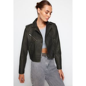 Trendyol Antraciet Verouderd Gedetailleerd Imitatieleer Bikerjack Jas Twoaw24Mo00277