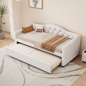 KOMHTOM Bed Slaapbank 90x200 Dagbed met uitschuifbaar bed Zonder matras Linnen Beige