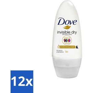 12 x Dove Invisible Dry - Deodorant Roll-on - Anti-Transpirant - 50 ml - Onzichtbare Deodorant - Anti-transpirant - Witte Strepen - Hydraterende Deodorant - Dove Invisible Dry