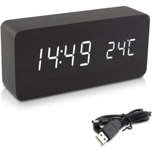Digitale Wekker in Houtlook - Tijd en Temperatuur - Geluidsactivatie - Zwart/Wit