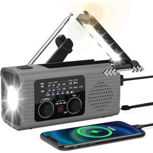 Emergency Radio 4000, 4000 mAh solar-powered hand-cranked FM/AM radio, equipped with a mobile phone charger, LED flashlight, reading lamp, distress alarm, indoor/outdoor emergency earphone jack, and USB charging function