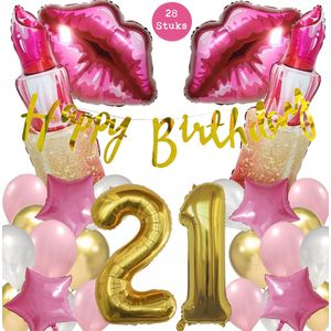 Snoes Mega Beauty Helium Ballonnen Set 21 Jaar - Roze Helium Folieballonnen - Slinger Happy Birthday Goud