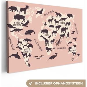 Canvas Wereldkaart - 30x20 - Wanddecoratie Wereldkaart - Roze - Dieren
