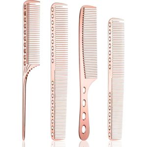 4-delige professionele kapselset - metalen kammen voor dames, heren en kappers - rattenstaart kam - ontwarrende kam - roségoud