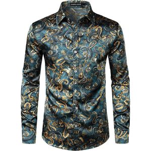 Casual Luxe Gedrukt Zijde Satijn Button Down Overhemd voor Mannen - Perfect voor Feest en Bruiloft