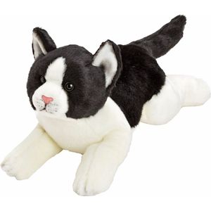 Pluche poes/kat knuffel liggend zwart/wit 33 cm