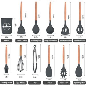 12 stuks siliconen keukengerei met houten handvat, hittebestendig, anti-aanbaklaag, spatel, lepel, vaatwasmachinebestendig, beste keukengereedschap (Grijs)