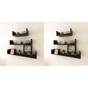 The Living Store Wandplanken - Set van 6 - Onzichtbaar montagesysteem - MDF - Mat zwart - Afm - 60x12x10cm - 45x12x10cm - 30x12x10cm