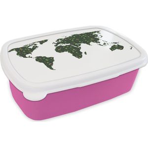 Broodtrommel Roze - Lunchbox - Brooddoos - Wereldkaart - Tropische Planten - Wit - 18x12x6 cm - Kinderen - Meisje