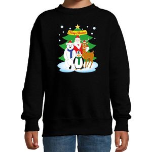 Zwarte kersttrui met de kerstman en zijn dieren vriendjes voor jongens en meisjes - Kerstruien kind 110/116