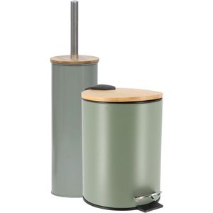 Tendance Badkamerset prullenbak en toiletborstel - Bamboo vibe - soft close - olijfgroen - 3 liter - metaal