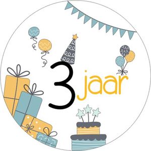 25x Sluitsticker 3 Jaar - Geel Blauw - 40 mm - Verjaardags sticker - Sluitzegel - Sticker Verjaardag jongens meisjes - Ballonnen - Cadeau's Kado's - Glossy - Sluitzegel - Wensetiket - Uitdelen - Jarig - Trakteren - Hoera