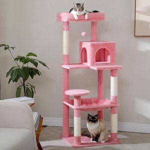 Kattenu Roze Krabpaal XL met pluche hangmat - 143 cm hoog - Met 2 katten huisjes - 6 verdiepingen