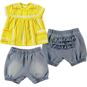 BESS - kledingset - 2delig - Short Jogdenim Light wash - Blouse geel wit rood - Maat 50