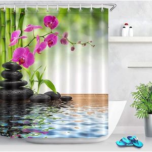 Spa Douchegordijn Paarse orchidee Groene bamboe Japans Bad Gordijn met Haken,Waterdicht Antischimmel Polyester Badkamer Decor,150x180cm