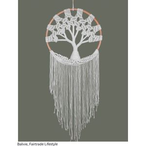 Balivie - Wandkleed - Macramé - Tree of Life - Hand geknoopt katoen binnen een frame van Rotan in cirkel vorm - Wit - ø 40 cm D 2 cm L 120 cm