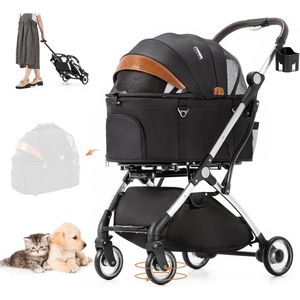 Opvouwbare 2-in-1 hondenbuggy tot 15 kg met opbergmand - ideaal voor kleine honden en katten - zwart