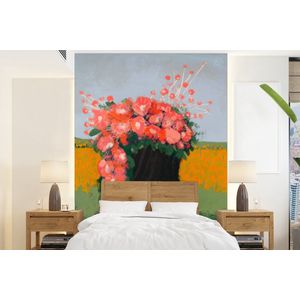 Portret - Bloemen - Vrouw - Rood - Behangpapier