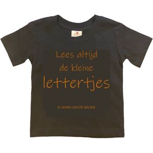 Shirt Aankondiging zwangerschap ""Lees altijd de kleine lettertjes (ik word grote broer)"" | korte mouw | Zwart/tan | maat 98/104 zwangerschap aankondiging bekendmaking Baby big bro brother