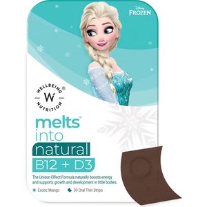 Wellbeing2day for kids - Disney Frozen natural B12+D3 - smeltblaadjes - melst - smelts - Snel oplossende orale dunne strips - 100% plantaardig - Bevordert bot- en spierkracht - Verhoogt energieniveaus - Verbetert de gezondheid van het hart - smelt