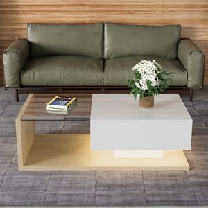 Sweiko De salontafel is voorzien van een combinatie van hoogglans wit en houtkleuren. Bijzettafel, salontafel met glas en LED effect, met lades en opbergruimte
