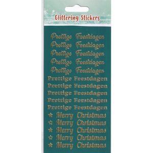 1 stickervel - Verhaak gouden glitter stickers - tekststickers kerst Prettige Feestdagen & Merry Christmas - 15x tekst goud - zelfklevend