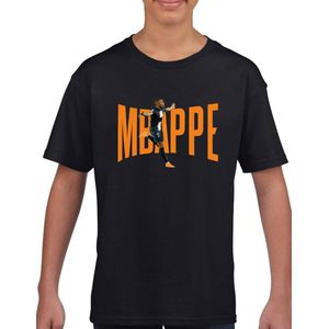 Mbappe - kylian - PSG - - Kinder T-Shirt - Zwart text oranje - Maat 122 /128 - T-Shirt leeftijd 7 tot 8 jaar - Grappige teksten - Cadeau - Shirt cadeau - Mbappe - 10 - kylian - PSG - voetbal - korte mouwen -