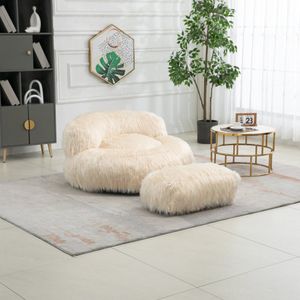 Comfortabele Fluffy Zitzak Stoel met Ottomaan voor Volwassen Kinderen - Moderne Accent Stoel - Zachte Fluffy Faux Bont Zitzak Luie Slaapbank Bed - Voor Woonkamer Appartement Slaapkamer Home Office - Beige