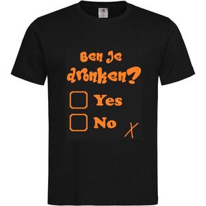T-shirt Unisex Volwassenen Lol - carnaval - Koningsdag - kermis - feestje - grappig Tekst ""Ben je DRONKEN? Yes No"" Op Voorkant | korte mouw | Zwart/oranje | maat S