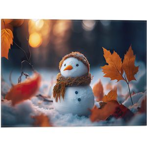 Vlag - Sneeuwpop met Bruine Sjaal en Muts in de Sneeuw tussen de Herfstbladeren - 40x30 cm Foto op Polyester Vlag