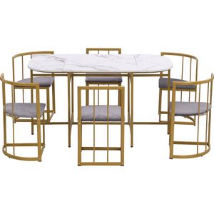 Merax Eettafelset voor Zes Personen - Moderne Eettafel met Zes Stoelen (Wit - Grijze Bekleding - Gouden Stalen Frame)
