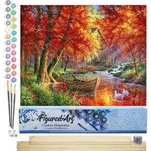 Figured'Art Schilderen op Nummer Volwassenen canvas Rivier en boot in de herfst - Handwerk acrylverf Kit DIY Compleet - 40x50cm met DIY houten lijst