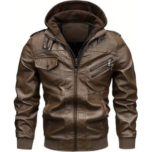 Heren PU leren jas met zakken, casual rits lange mouw capuchon jas voor buiten