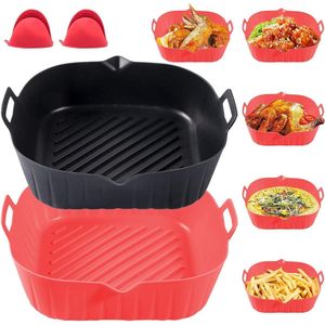 2 stuks siliconen airfryer pot 22 cm mand herbruikbare anti-aanbaklaag oven matten keuken accessoires (rood + zwart)