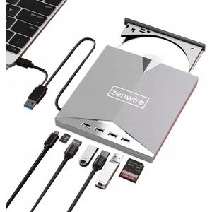 Zenwire H61 - Draagbaar extern station - CD-lezer - DVD-speler Schijfbrander - HUB 7in1 USB-C 3.0 - 4xUSB 2.0 - SD/Micro SD-kaartlezer - Plug & Play - stille werking - Brede compatibiliteit