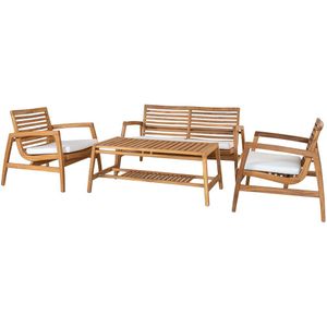 Artichok Tristan houten tuin loungeset naturel 4delig - tweezits bank, fauteuils en salontafel - met zitkussens
