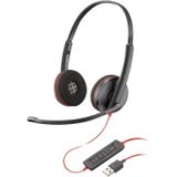 HP Poly Blackwire C3220 On Ear koptelefoon Telefoon Kabel Stereo Zwart/rood Volumeregeling, Microfoon uitschakelbaar (mute)