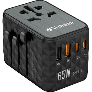 Verbatim UTA-05 GaN universele reisadapter 65W met 2 x USB-C PD & QC 4+ & 2 x USB-A - zwart Polycarbonaat 32120