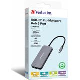 Verbatim CMH-05 USB-C (USB 3.2 Gen 1) multiport hub 5 poorten Met ingebouwde netwerkaansluiting, Met snellaadpoort, Met USB-C stekker, Ultra HD-geschikt Grijs