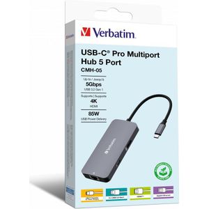 Verbatim USB-C Pro multipoort hub HDMI 4K 60Hz video, 2 x USB-A 3.0 5Gbp, RJ45, 15 cm kabel, 85 W Power Delivery Pass-Through, reisdock, laptopdockingstation - zilver Aluminium 32150