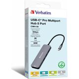 Verbatim CMH-08 USB-C (USB 3.2 Gen 1) multiport hub 8 poorten Met ingebouwde SD-kaartlezer, Met snellaadpoort, Met USB-C stekker, Ultra HD-geschikt Grijs