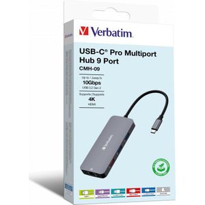 Verbatim USB-C Pro multiport hub 9-poorts CMH-9 32152 (USB A), Docking station + USB-hub, Zilver