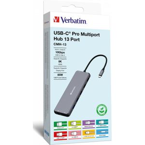 Verbatim USB-C Dual Pro multipoort hub, Dual HDMI Video 8K 30Hz, 1 x DP 30Hz, 3 x USB-A 5Gbps, 2 x USB-A 10Gbps, 2 x USB-A 2.0, reisdock, dockingstation - zilver Aluminium 32153