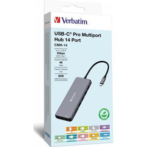 Verbatim USB-C Triple Pro multipoort-hub, Dual HDMI Video 4K, 1 x VGA, 3 x USB-A 5Gbps, 1 x USB-C 10Gbps, 2 x USB-A 2.0, RJ45, microSD, reisdock, laptopdock - zilver Aluminium 32154