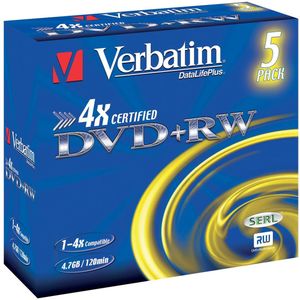 Verbatim DVD RW 4,7 GB - 4x brandsnelheid, lange levensduur, krasbescherming, 5 Pack Branded Jewel Case