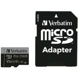Verbatim Pro microSDXC-kaart 256 GB UHS-Class 3 4K-video-ondersteuning, A2-vermogensstandaard, Incl. SD-adapter, Schokb