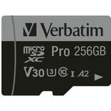 Verbatim Pro microSDXC-kaart 256 GB UHS-Class 3 4K-video-ondersteuning, A2-vermogensstandaard, Incl. SD-adapter, Schokb